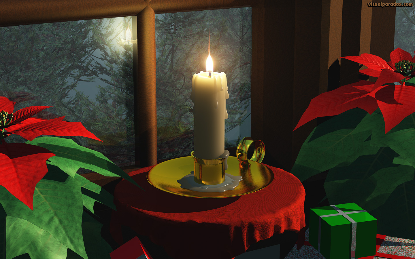 candle, window, fire, holiday, xmas, christmas, flame, poinsettia, candlestick, 3d, wallpaper, widescreen