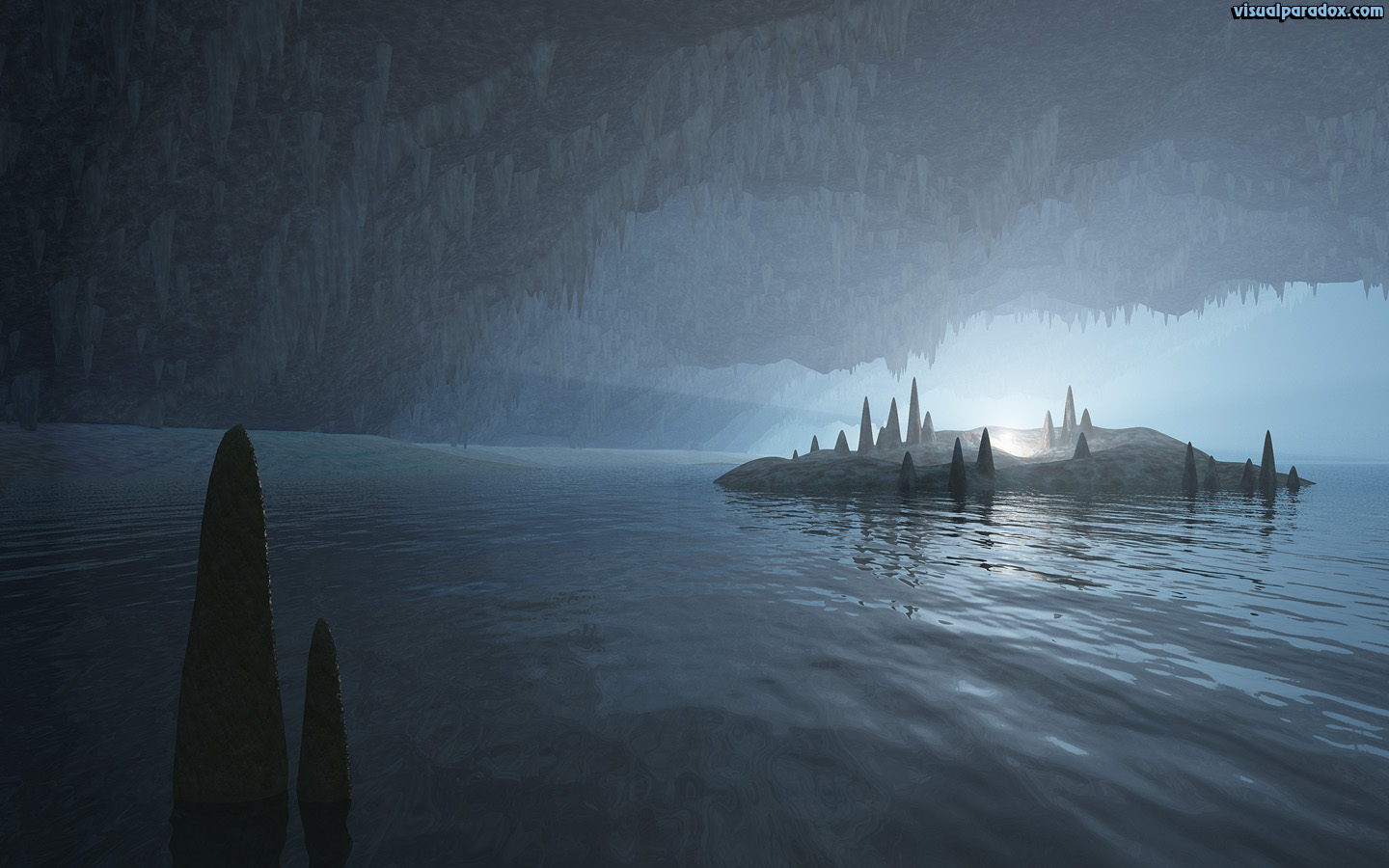 Cave, lake, island, glow, stalactites, 3d, wallpaper, widescreen