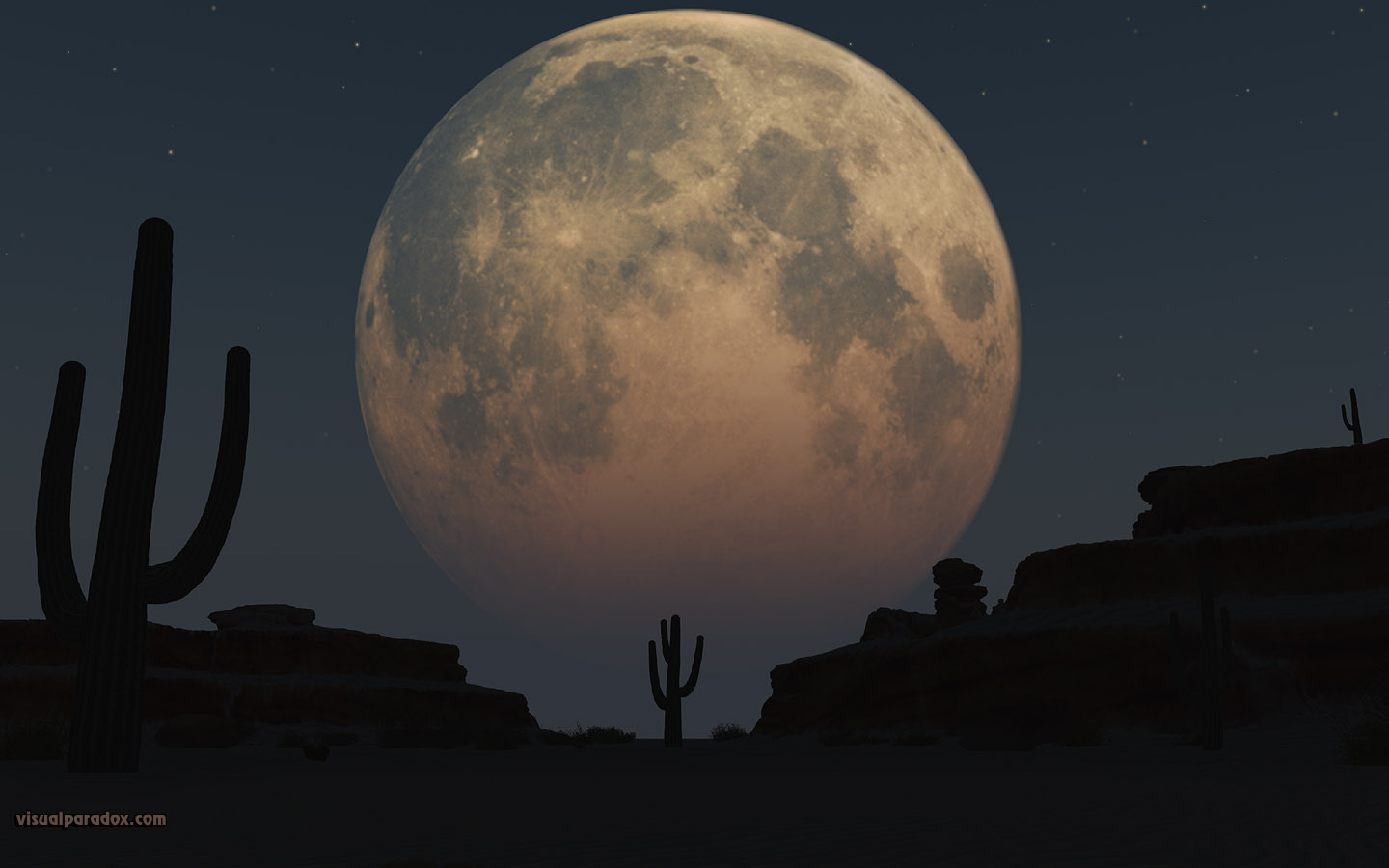 lunar, moon, planet, desert, sand, cactus, night, full moon, 3d, wallpaper, widescreen