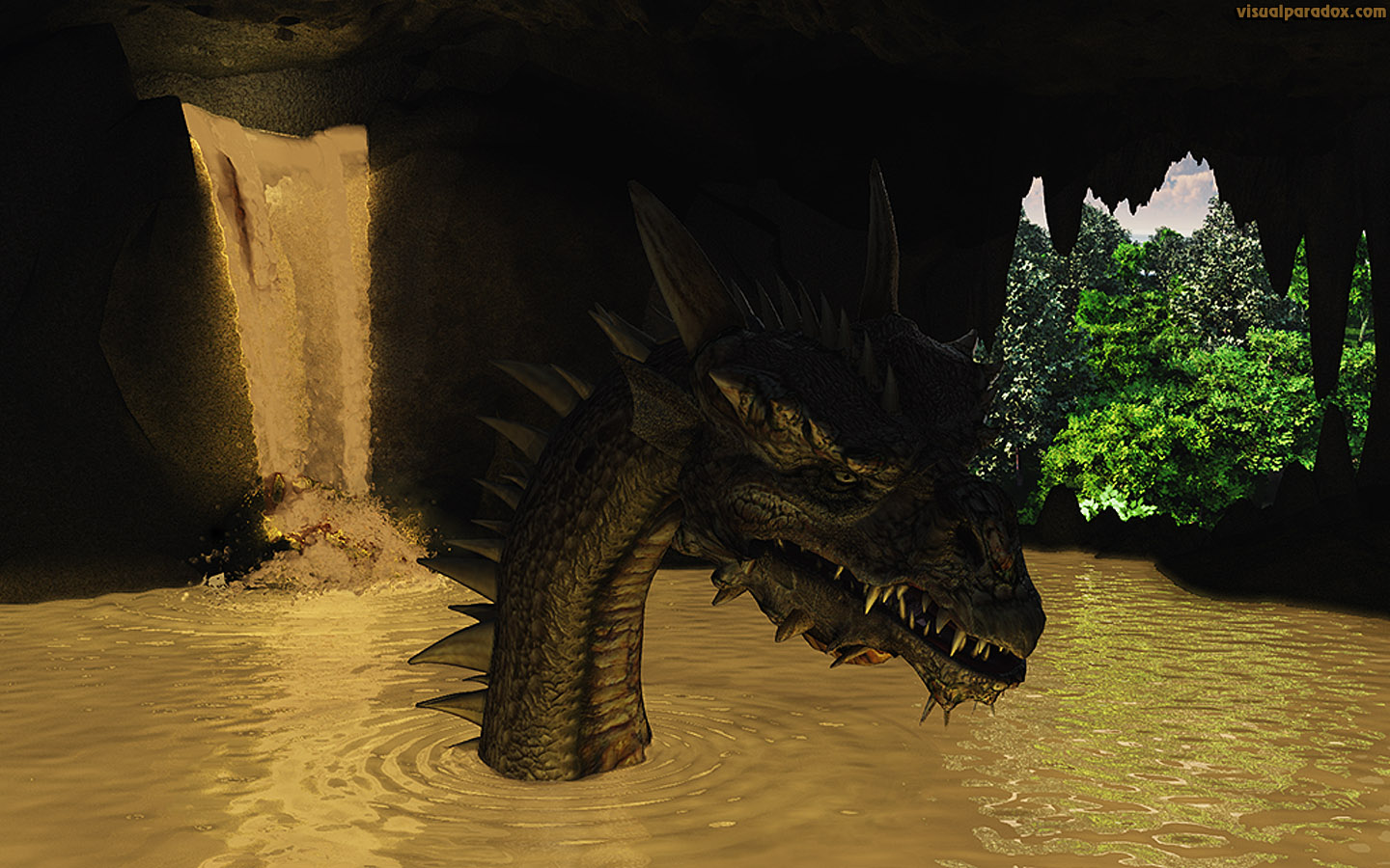 dragon, cave, den, lake, glowing, wyrm, water, toxic, monster, 3d, wallpaper, widescreen