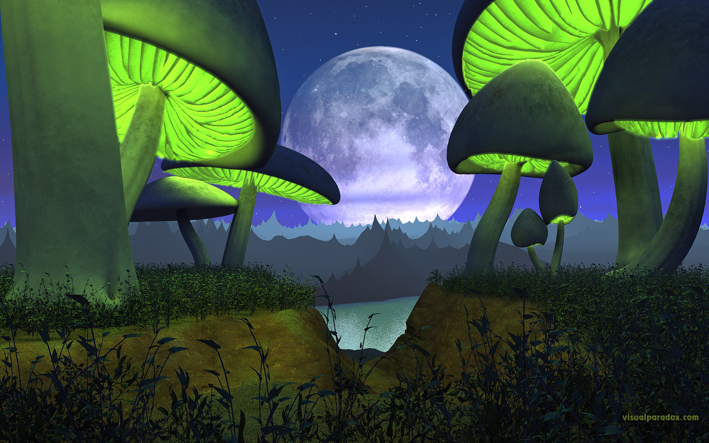 alien, planet, moon, lunar, toadstool, mushroom, glowing, landscape, 3d, wallpaper, widescreen