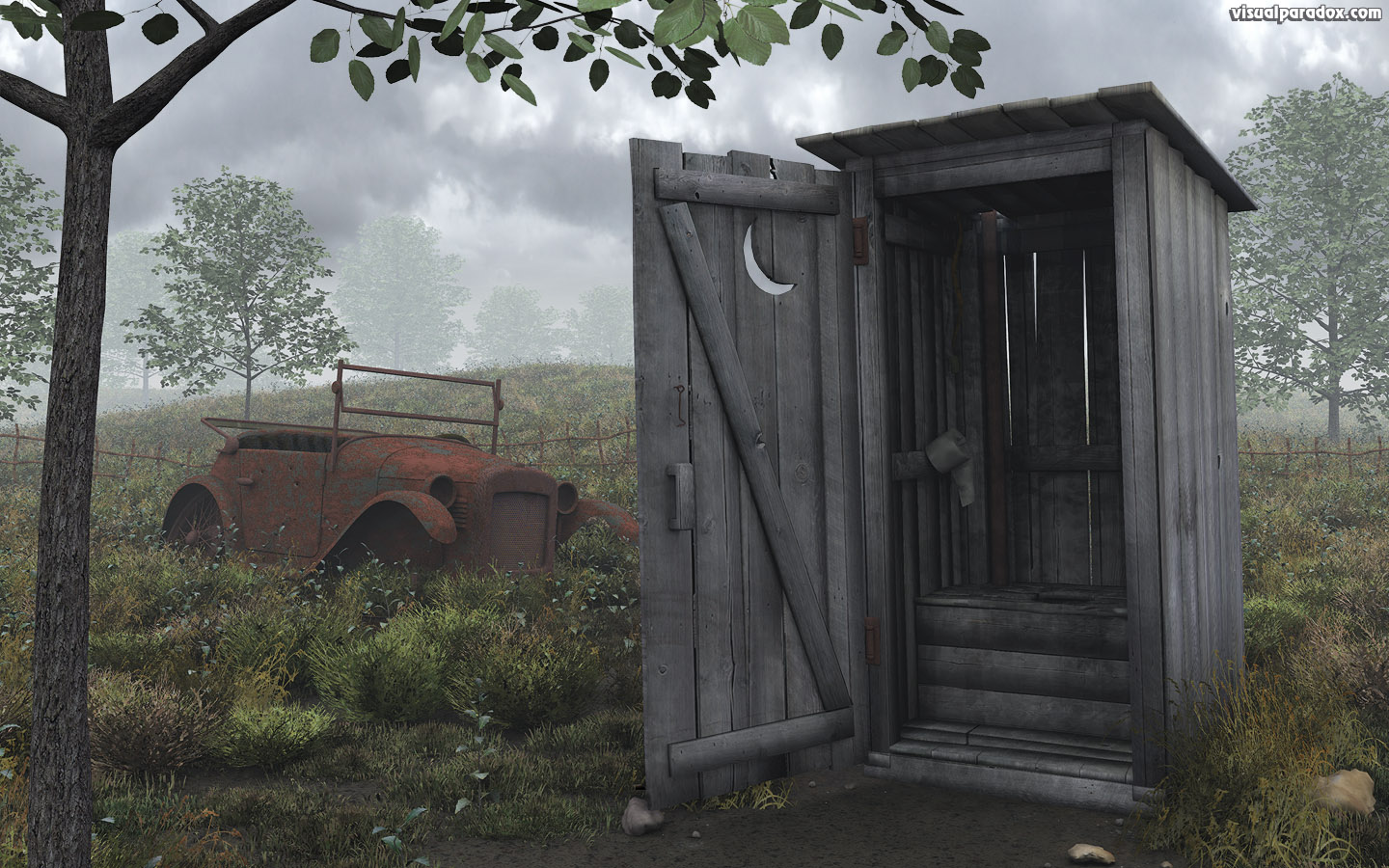 out house privy water closet crapper building john holer toilet can dunny biffy kybo thunderbox old car rust storm cloud, 3d, wallpaper, widescreen