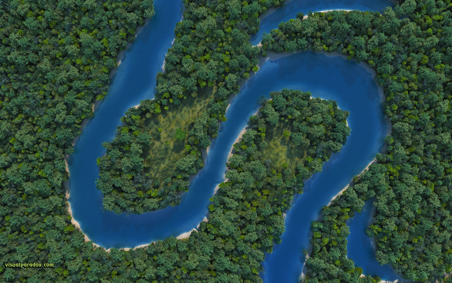 meandering, snaking, curvy, sinusoidal, snake, forest, woods, trees, erosion, oxbow, lake, pond, channel, river, stream, creek, bed, 3d, wallpaper, widescreen