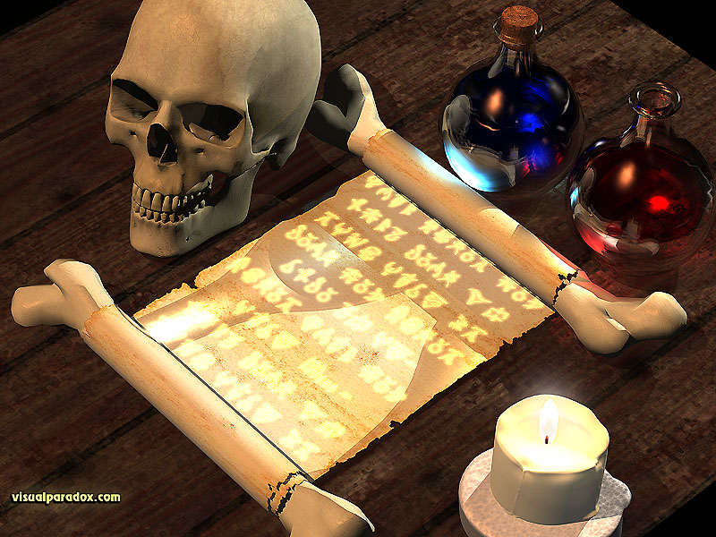 magic, spell, scroll, text, writing, tale, fantasy, skull, potion, spells, potions, 3d, wallpaper