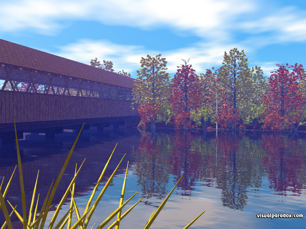 fall, colors, leaves, yellow, red, orange, season, change, covered bridge, forest, trees, arbor, tree, 3d, wallpaper