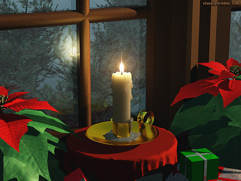 candle, window, fire, holiday, xmas, christmas, flame, poinsettia, candlestick, 3d, wallpaper