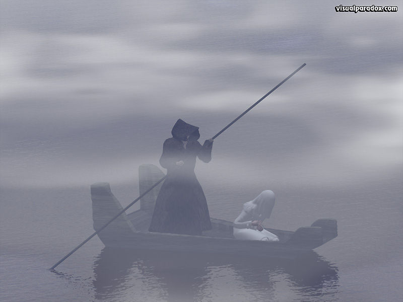 charon. ferryboat, raft, skiff, river styx, grim reaper, fog, mist, underworld, victim, gondola, boat, 3d, wallpaper