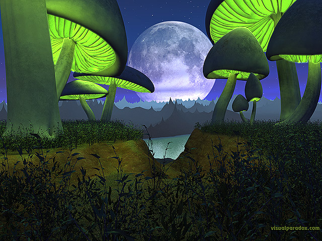 Free 3D Wallpaper 'Moonshrooms' 640x400