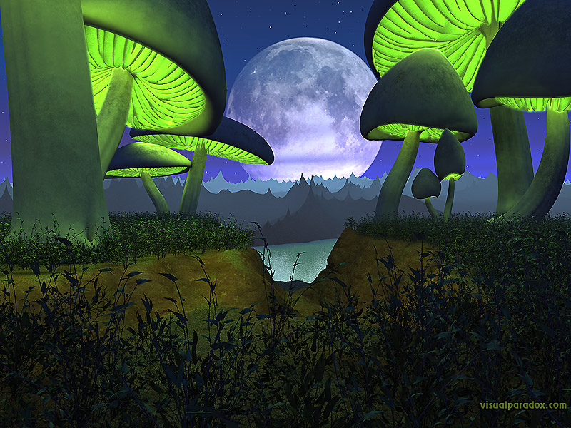 alien, planet, moon, lunar, toadstool, mushroom, glowing, landscape, 3d, wallpaper