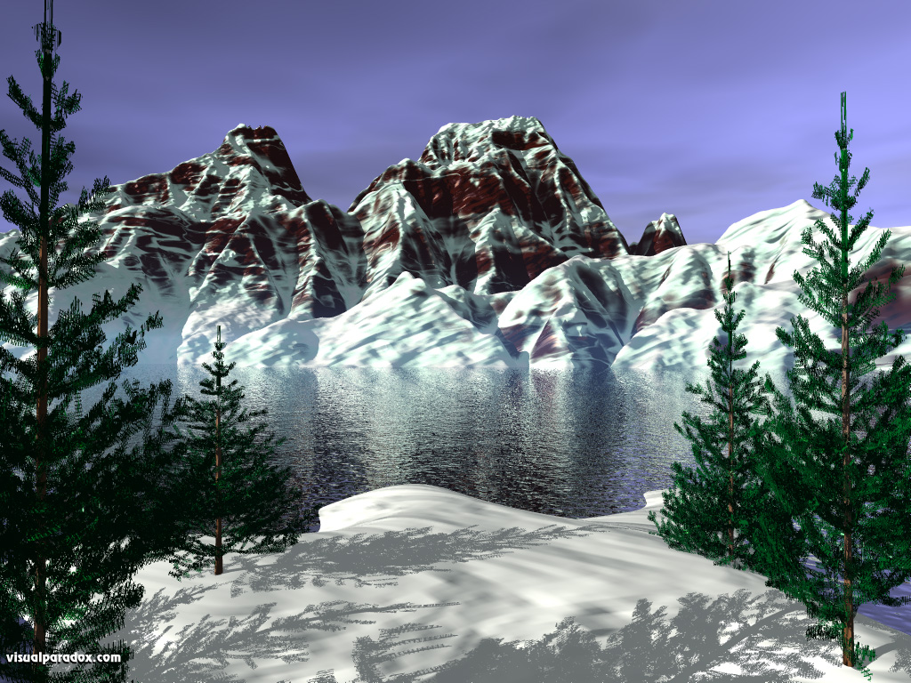 lake, snow, pines, trees, conifers, serene, peaks, thaw, winter, mountains, 3d, wallpaper