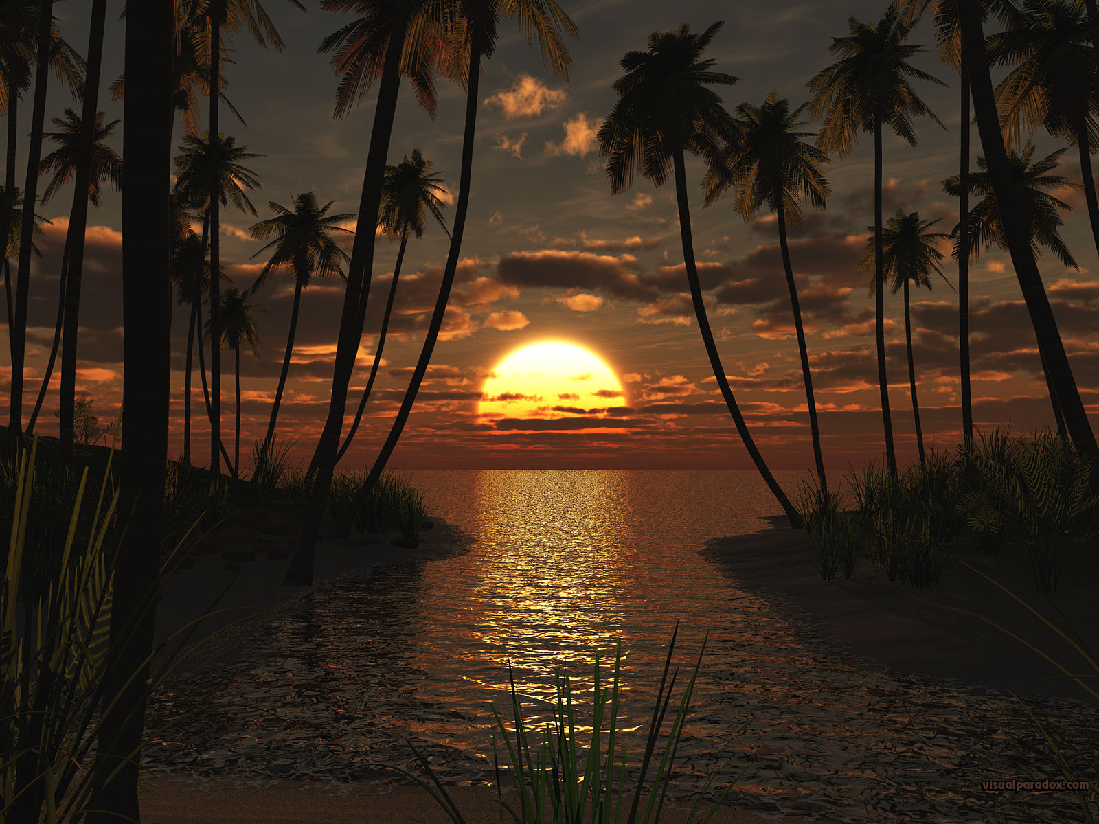 sunset, palms, ocean, water, waves, deserted, sand, surf, sun, palm trees, cove, inlet, beaches, 3d, wallpaper