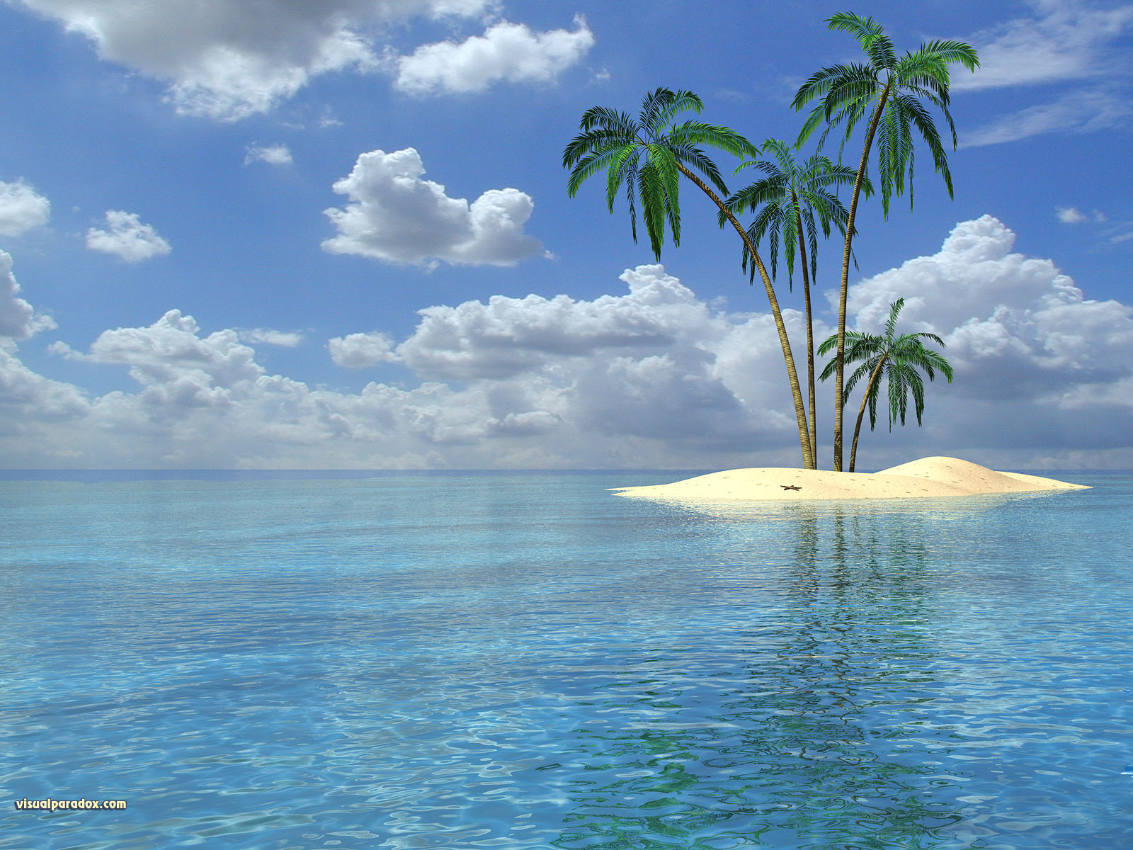 island, tropical, sand, ocean, blue, palm, trees, clouds, starfish, carribian, 3d, wallpaper