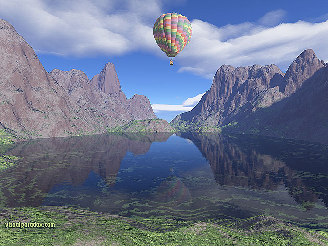 Balloon, mountains, ballooning, hot air balloon, ride, baloon, clouds, lake, reflection, sky, free, 3d, wallpaper