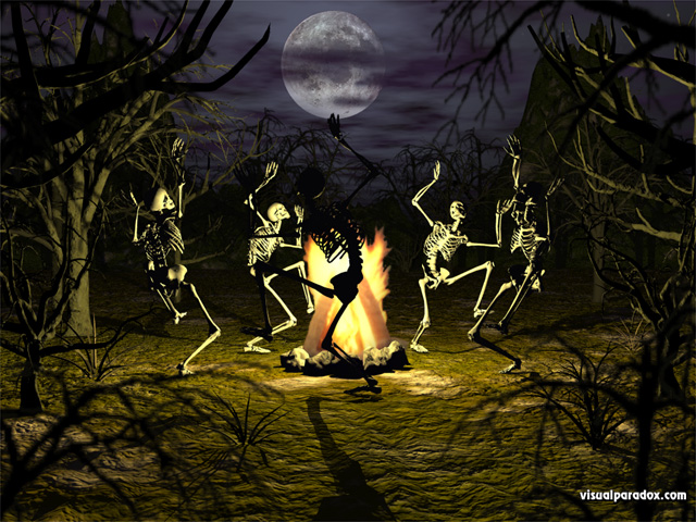 dancing, skeletons, campfire, coven, gothic, undead, conjuring, bones, full moon, trees, scary, haunted, halloween, skeleton, free, 3d, wallpaper