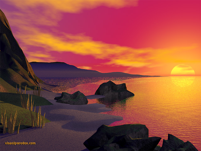 sunrise, red, sky, sand, rocks, cliffs, shoreline, sun, free, 3d, wallpaper