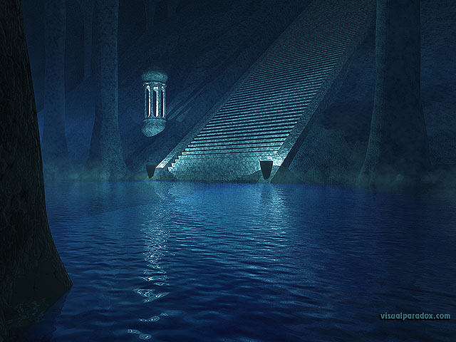 stairs, underground, columns, climb, cave, mysterious, mist, water, blue, stairway, free, 3d, wallpaper