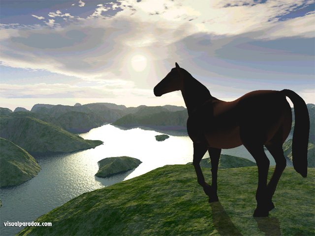 horse, hills, mountains, cliffs, water, lake, ocean, sunset, rise, rays, horses, animal, animals, free, 3d, wallpaper