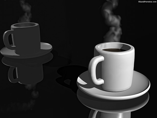 coffee, cup, steaming, reflection, black, tea, hot, free, 3d, wallpaper