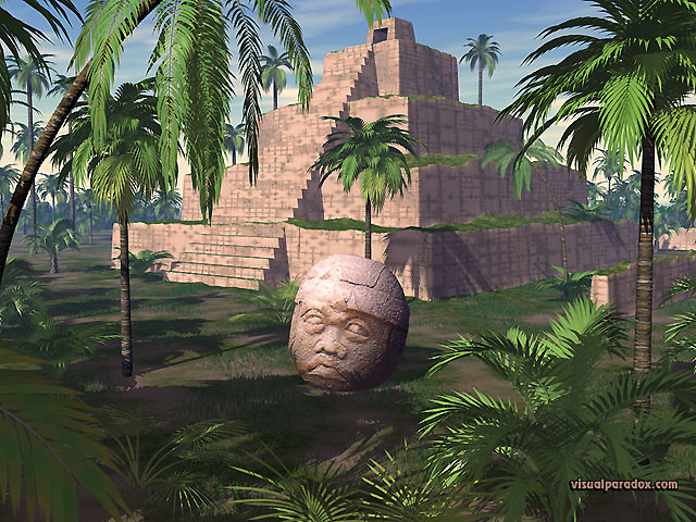 pyramid, tropical, palm, tree, stone, statue, Mayan, olmec, head, temple, free, 3d, wallpaper