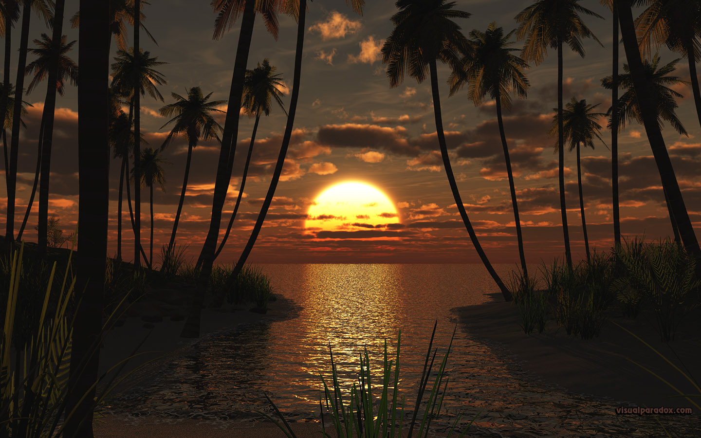 sunset, palms, ocean, water, waves, deserted, sand, surf, sun, palm trees, cove, inlet, beaches, 3d, wallpaper, widescreen