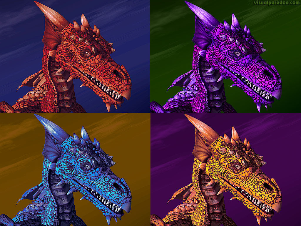 dragon, wyrm, mythical, monster, soar, closeup, detail, violet, purple, blue, red, yellow, fire, ice, warhol, dragons, 3d, wallpaper