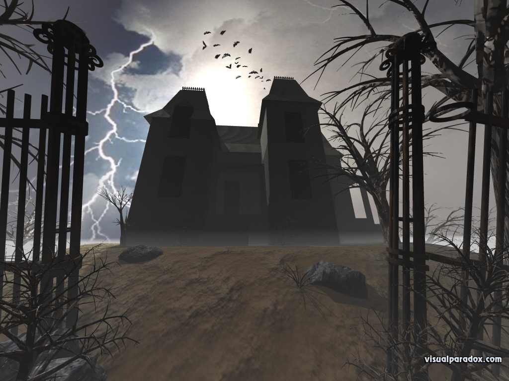 old, deserted, abandon, mansion, psycho, conjuring, creepy, lightning, trees, scary, haunted, halloween, 3d, wallpaper