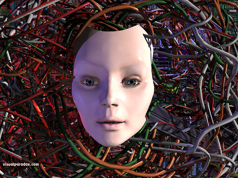 robot, computer, wires, wired, electric, female, girl, woman, AI, artificial, mechanical, electrical, 3d, wallpaper