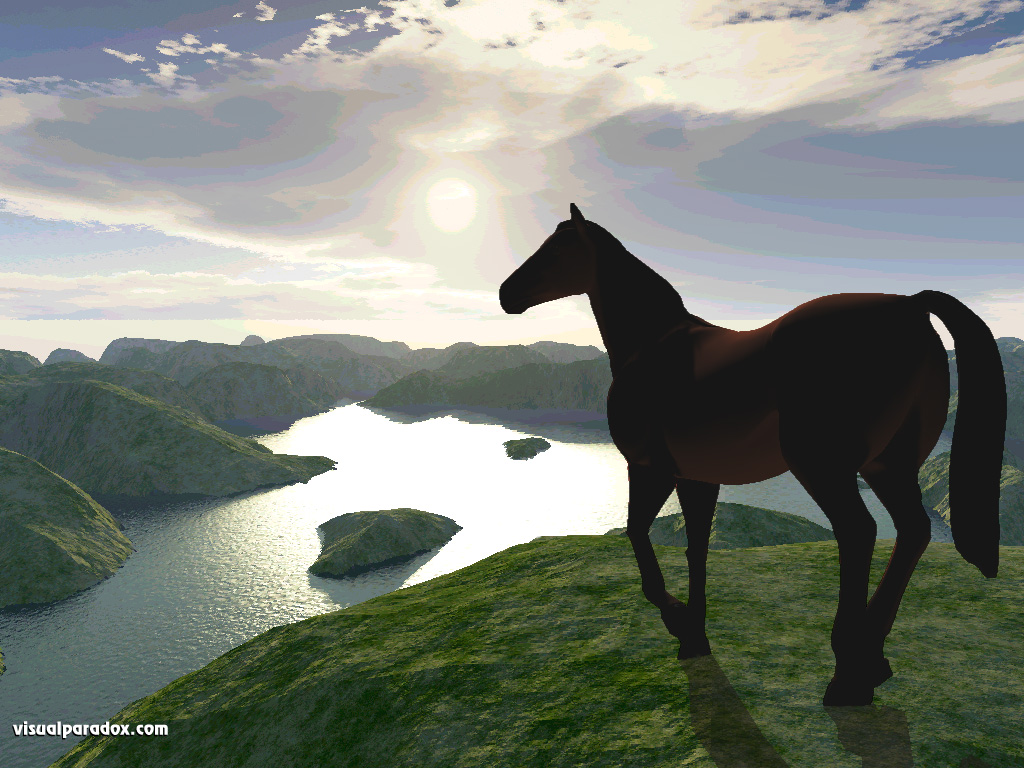 horse, hills, mountains, cliffs, water, lake, ocean, sunset, rise, rays, horses, animal, animals, 3d, wallpaper