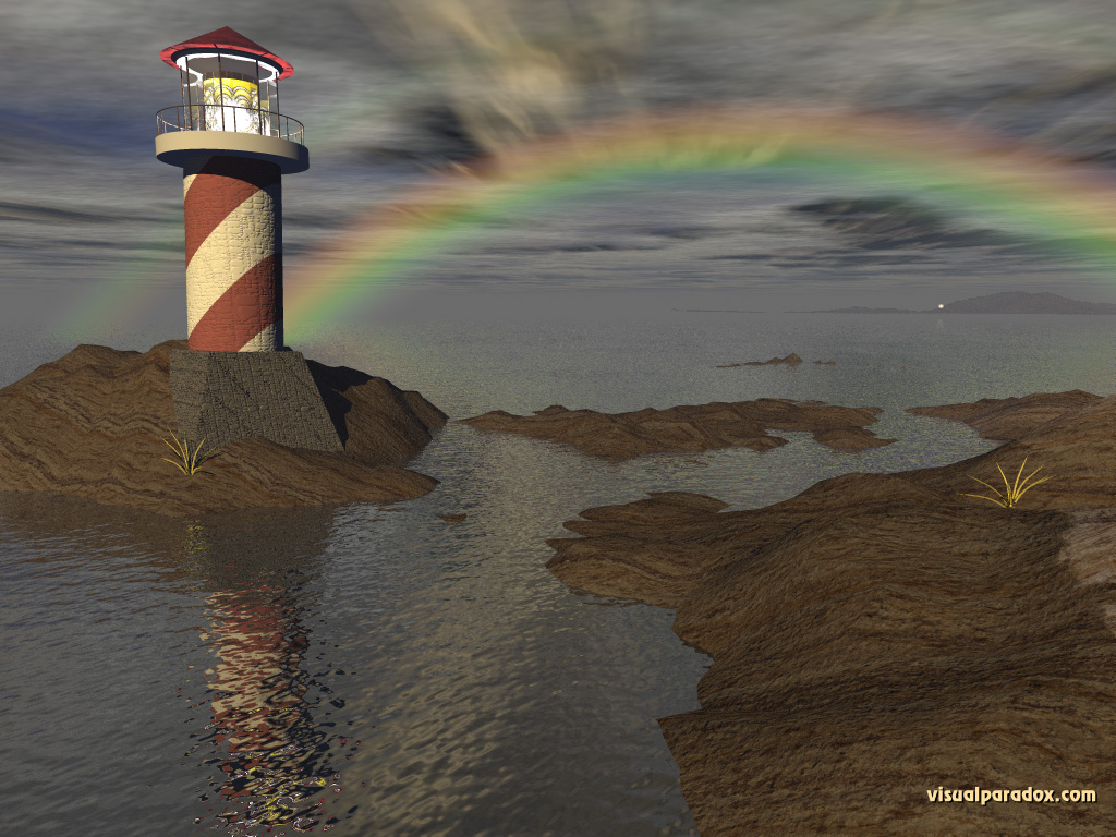 rainbow, ocean, fog, rocks, sea, lamp,beacon, lighthouses, light, waves, rough, 3d, wallpaper