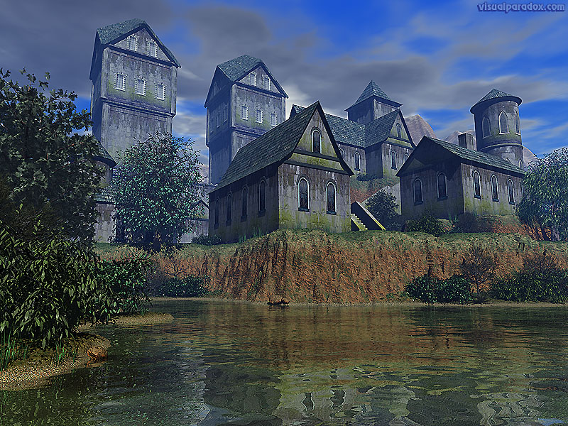 castle, keep. abbey, tower, medieval, village, moat, lake, towers, 3d, wallpaper