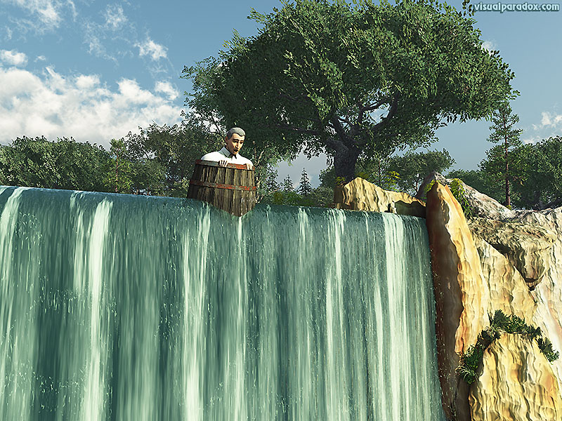 waterfall, man, barrel, precipice, daredevil, stunt, disaster, looming, pessimistic, perilous, edge, 3d, wallpaper