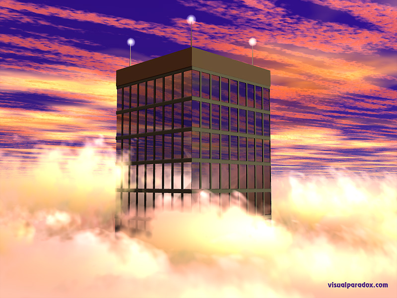 building, city, tall, mirrored, clouds, above, tower, 3d, wallpaper
