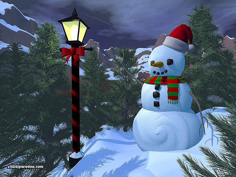 winter, lamppost, pine trees, christmas, holiday, decorations, snow, snowball, 3d, wallpaper