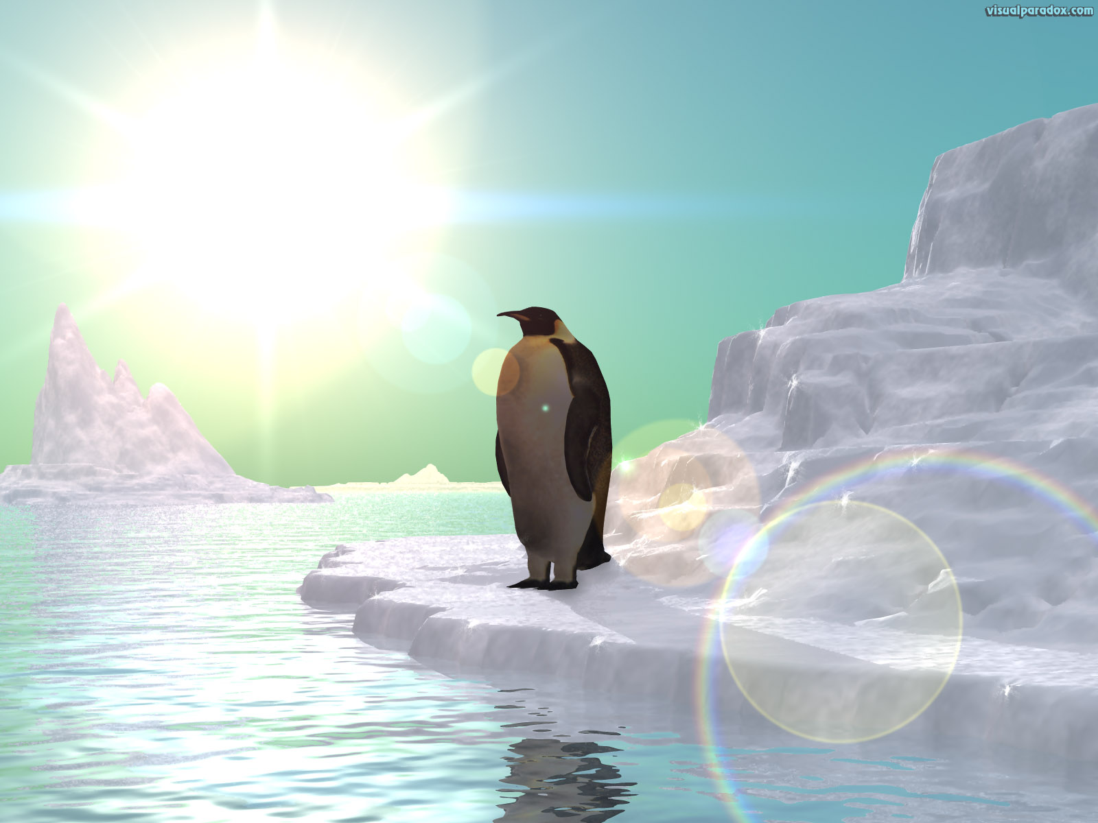 isolation, penguin, frozen, arctic, Antarctica, iceberg, Linux, emperor, sun, ice, flow, pack , 3d, wallpaper