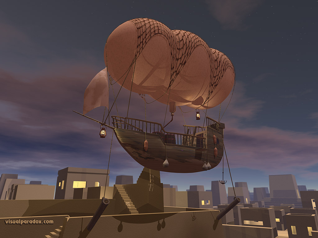 balloon, float, dirigible, ship, boat, fly, flying, helium, hydrogen, hot, city, flight, night, 3d, wallpaper
