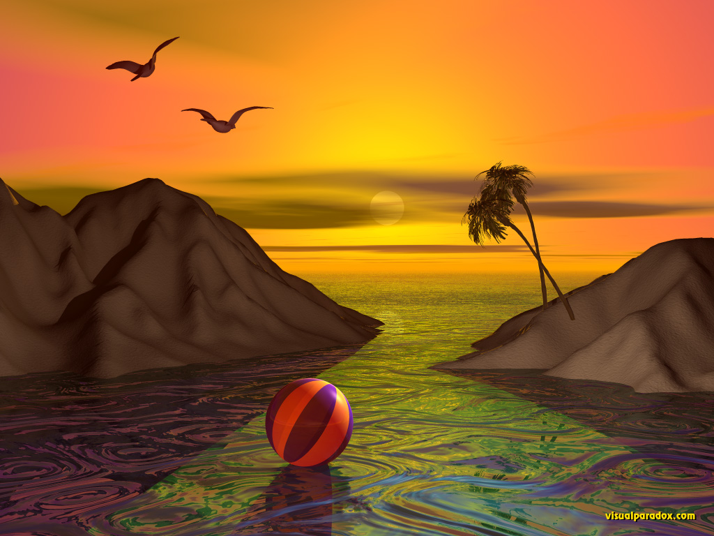ocean, ripples, sea, palm trees, sunset, sunrise, seagulls, sand, 3d, wallpaper