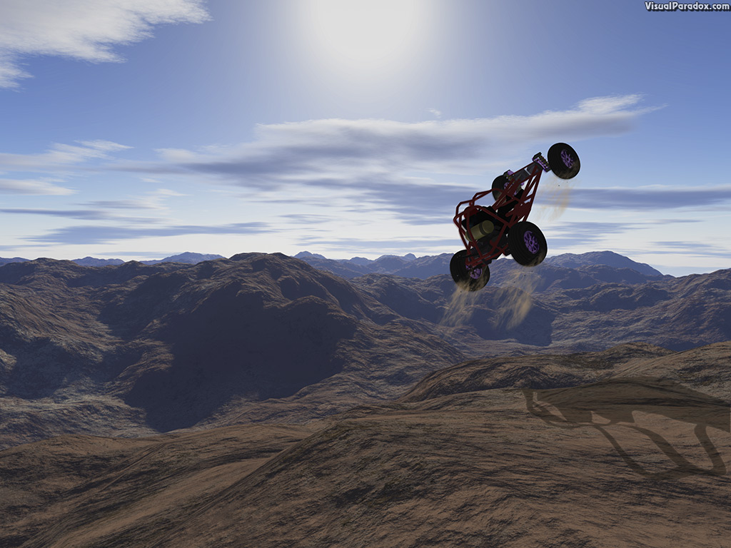 dirt, jump, track, desert, ramp, vehicle, atv, car, race, sport, recreation, 3d, wallpaper