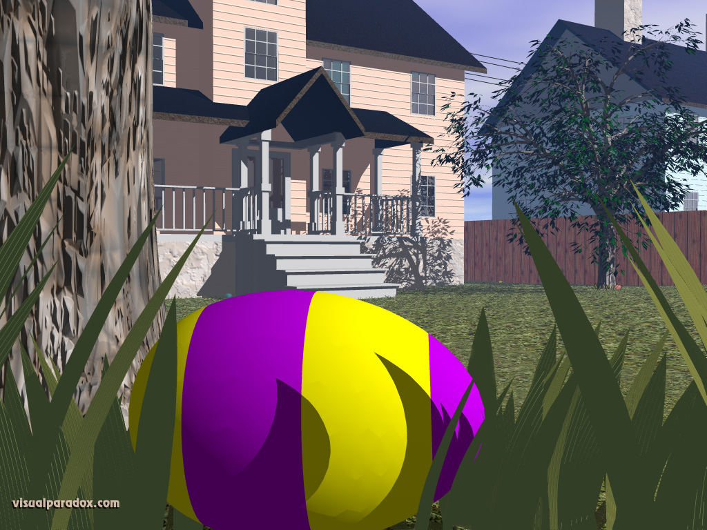 Easter egg hunt, colored, holiday, spring, morning, house, backyard, grass, hidden, find, 3d, wallpaper