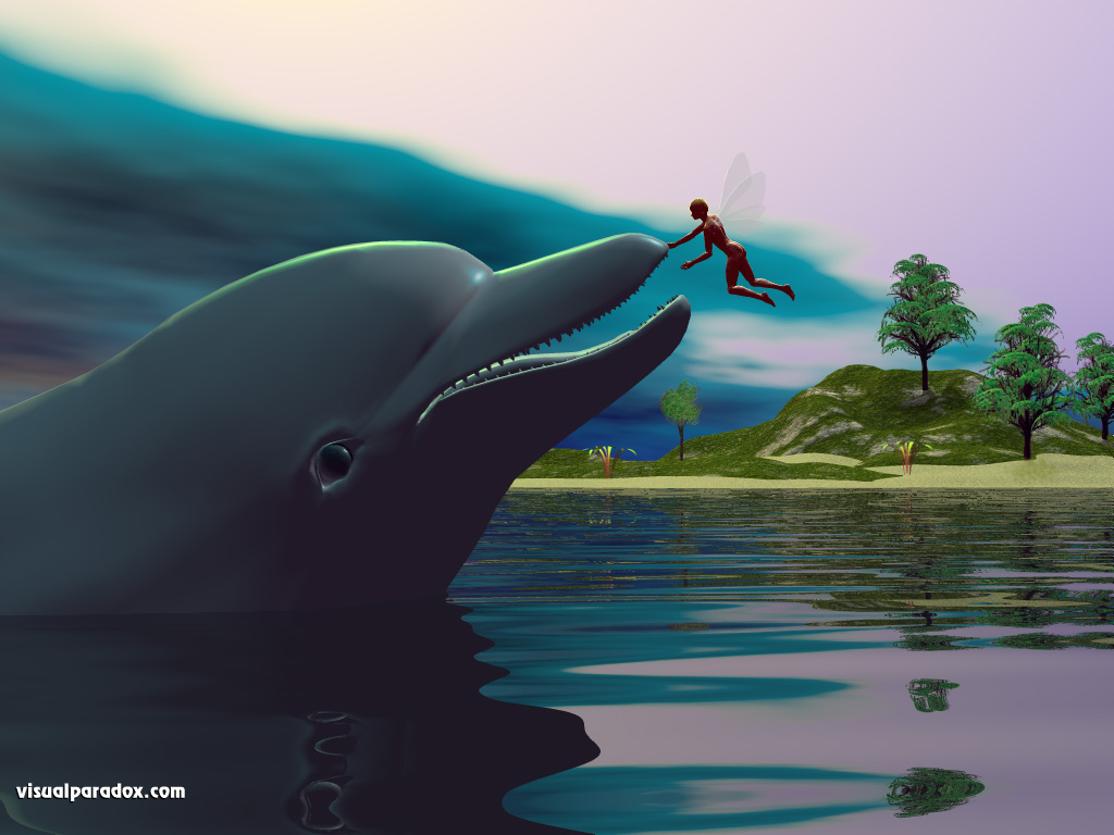 dolphin, fairy, pet, water, ocean greeting, hello, love, porpoise, dolphins, 3d, wallpaper