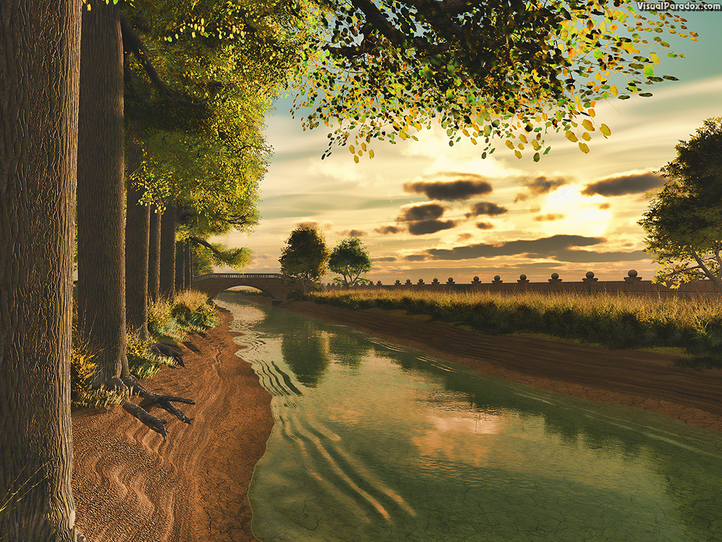 canal, stream, river, channel, creek, waterway, trees, tree-lined, cottonwood, sunset, sunrise, wall , 3d, wallpaper