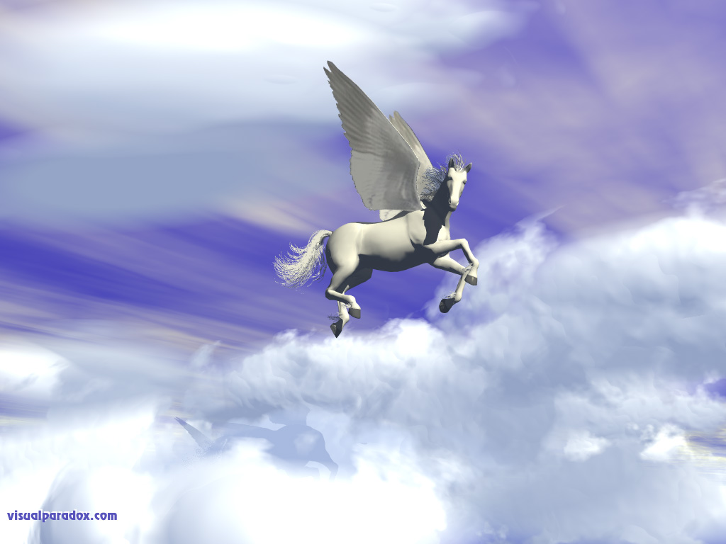 winged horse, flying, clouds, pegasi, horses, 3d, wallpaper