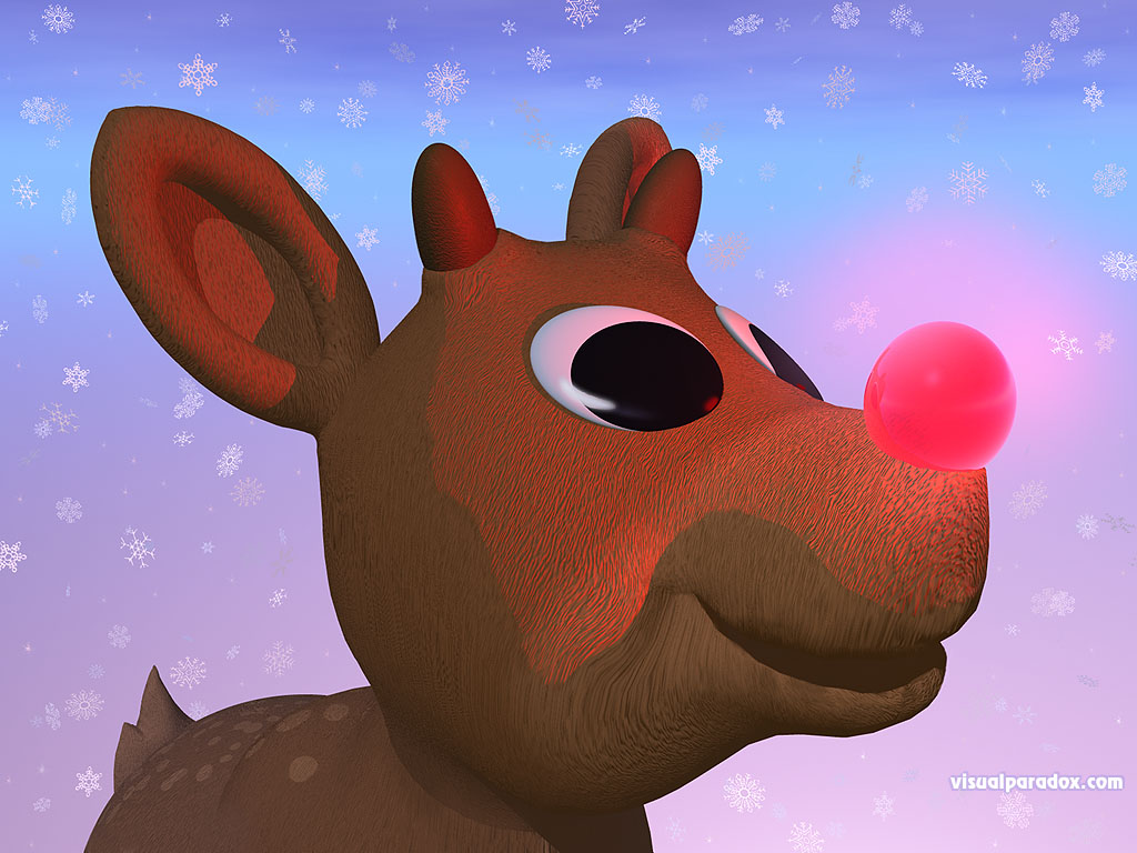 red, nosed, reindeer, christmas, xmas, snow, flakes, rudolf, holiday, nose, 3d, wallpaper