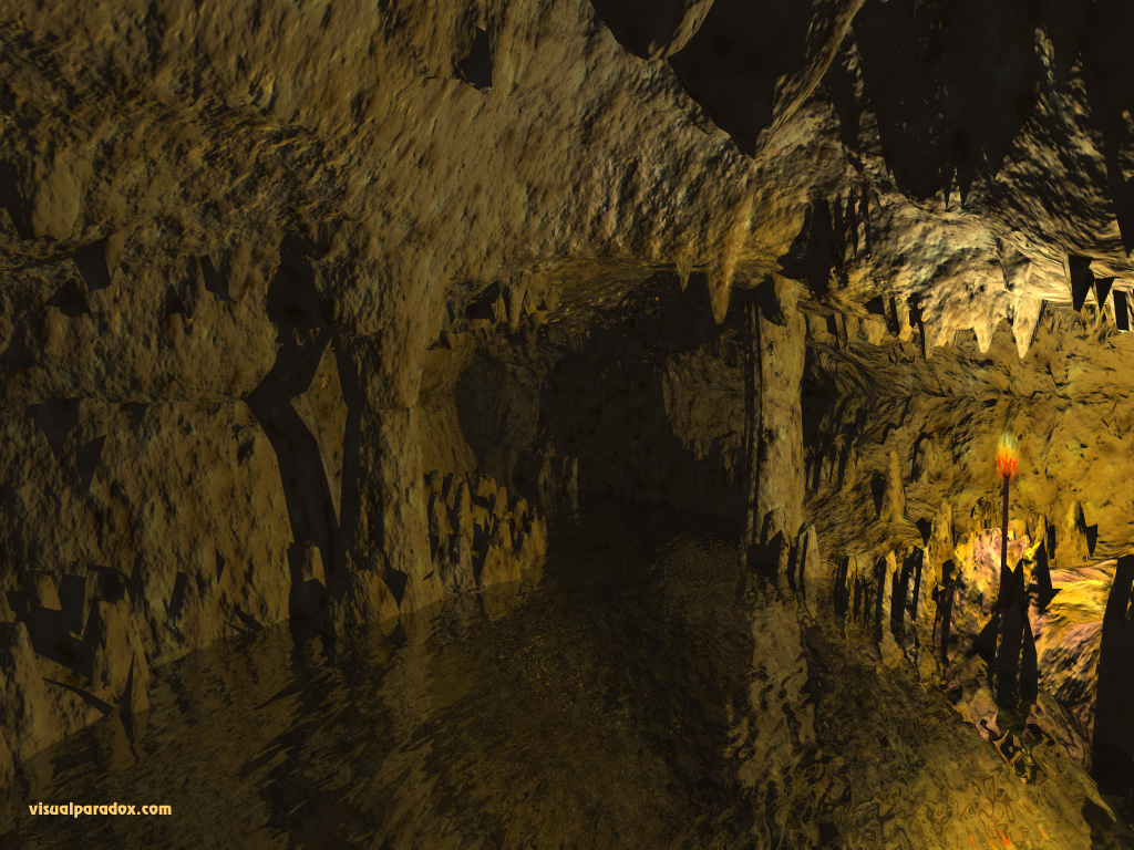 river, torch, underground, hole, tunnel, stalagmites, stalactites, caves, 3d, wallpaper