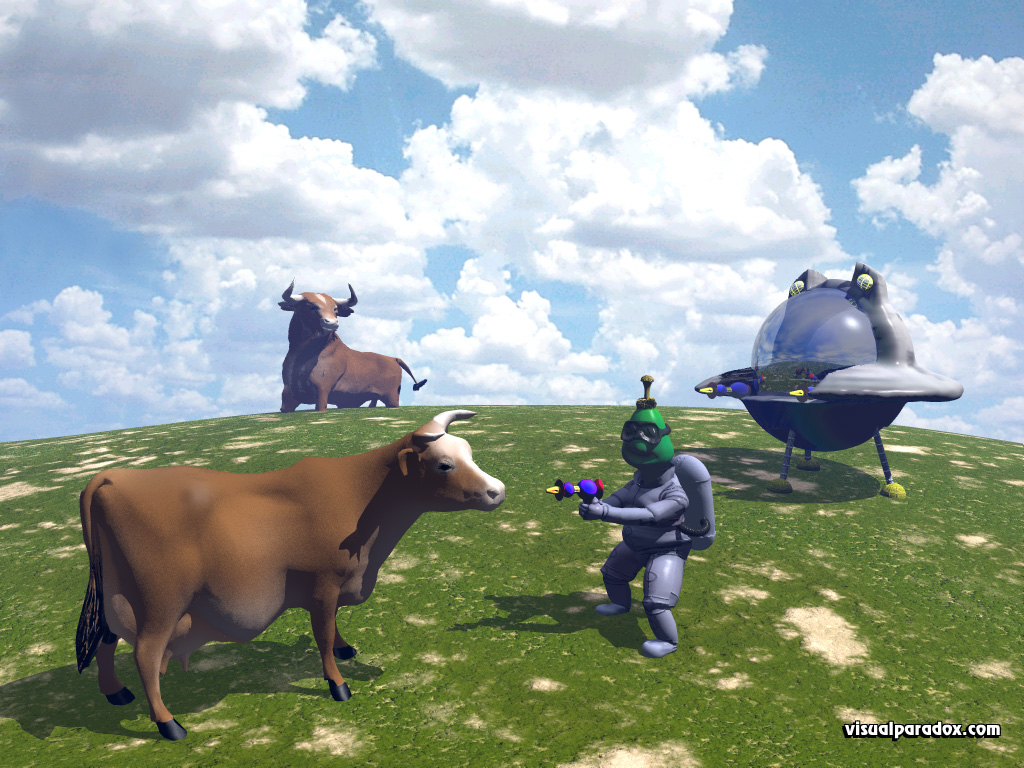 alien, ufo, space, ship, craft, cow, bull, brown, pasture, invasion, take me to your leader, aliens, 3d, wallpaper