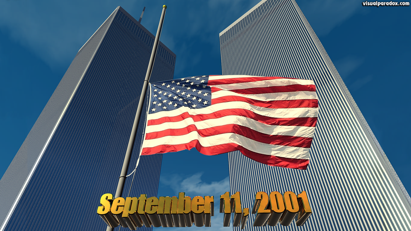 flag, wtc, world, trade, center, memorial, terrorist, attack, hijack, america, honor, 9/11, september, 911, 9/11/01, 3d, wallpaper