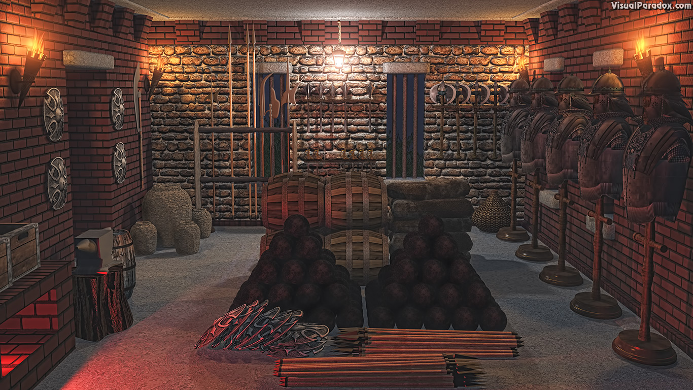 armoury, armory, weapons, ammo, artillery, powder, tower, keep, fort, medieval, armor, stone, room, cannon, balls, arrow, spear, axe, sword, mace, pole-arm, buckler, shield, equipment, kegs, anvil, forge, , 3d, wallpaper