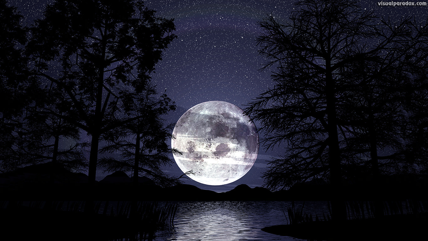 lunar, trees, lake, water, reeds, silhouette, stars, romantic, peaceful, tranquil, reflections, full, 3d, wallpaper