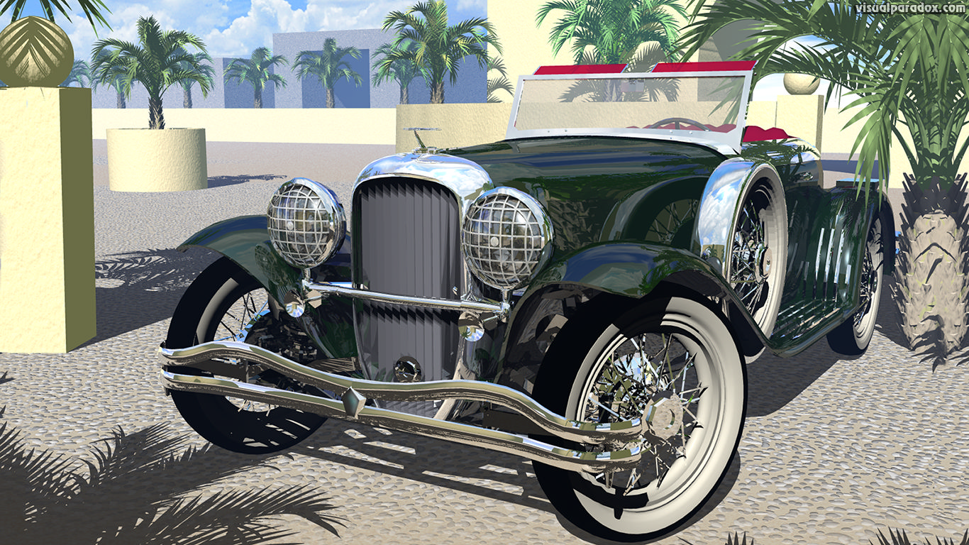 car, parked, palm trees, shiny, old, polished, cars, auto, automobile, autos, 3d, wallpaper