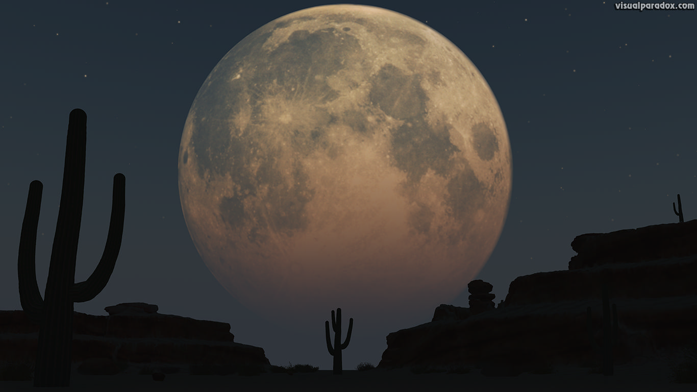 lunar, moon, planet, desert, sand, cactus, night, full moon, 3d, wallpaper