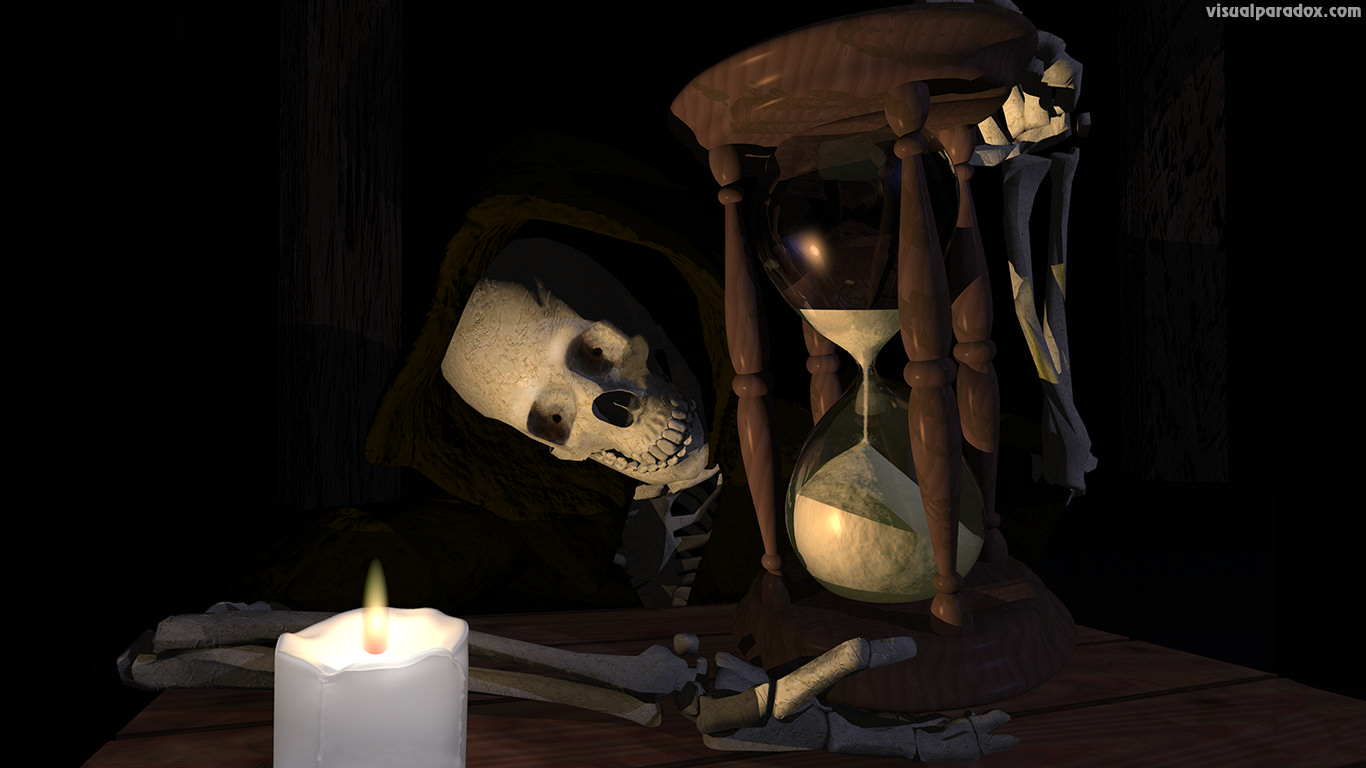 skeleton, hourglass, new years, time, candle, death, doom, minutes, skull, 3d, wallpaper